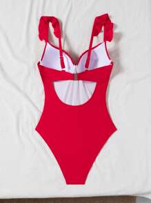 Voyashape 1pc Women's Summer Sexy Wire-Rimmed Gathering Solid Color Ruched Strap Wrinkled Chest Slimming One-Piece Swimsuit Red - Red - View 5