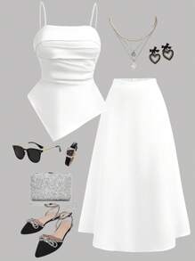 Girlism 少女 2 件套：不对称下摆短款上衣和 A 字形白色褶皱迷你裙、优雅合身吊带背心和分层荷叶边裙套装，适合派对、通勤、婚礼、生日、舞会和伴娘 - 白色 - 查看 1