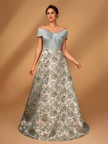 Serin 优雅奢华缎面露肩提花 A 字裙，适合婚礼、派对、度假、舞会、晚会、新娘母亲 - 彩色 - 查看 5