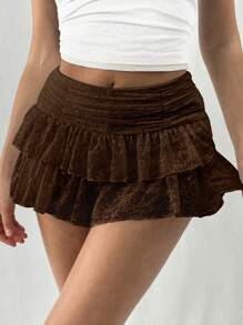 EgrlEra Women's Fashionable Sweet Solid Color Double-Layered Lace White Mini A-Line Skirt Y2K  - Brown - View 6