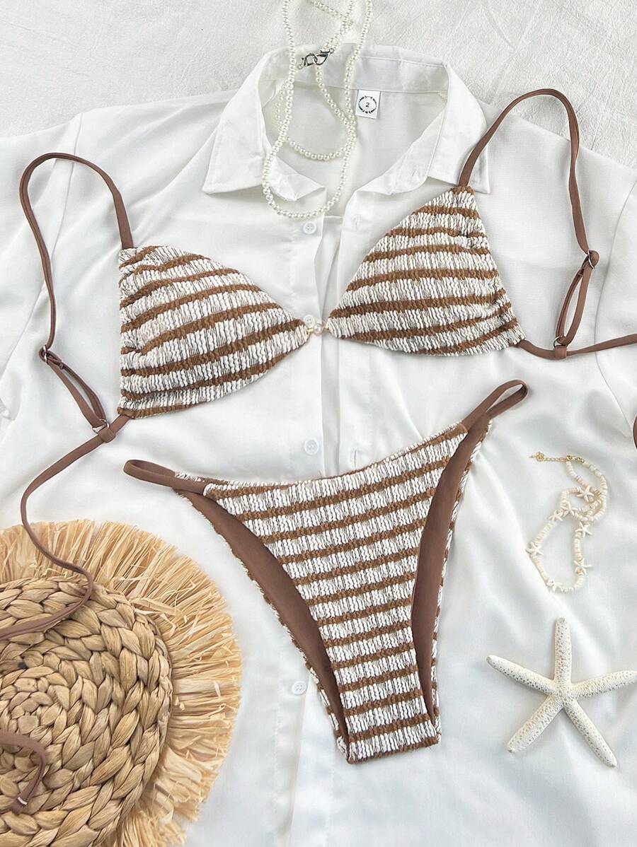 Swim Vcay Bikini de estilo sexy con cortes altos, tirantes finos, centro con textura perlada y abertura lateral con cierre a presión para mujer