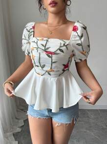 Elenzga Ruffle Trim Fashionable Square Neck Backless Short Sleeve Blouse - Apricot - View 5