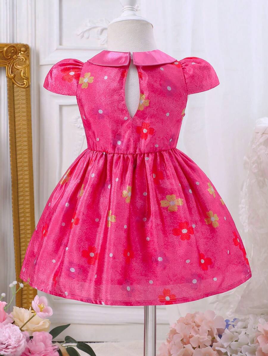SHEIN Glamorique Kids 女婴春夏新款彼得潘领荷叶袖纹理面料收腰蝴蝶结装饰甜美可爱婚礼礼服女婴派对礼服女婴公主裙派对 - 玫紅色 - 查看 1