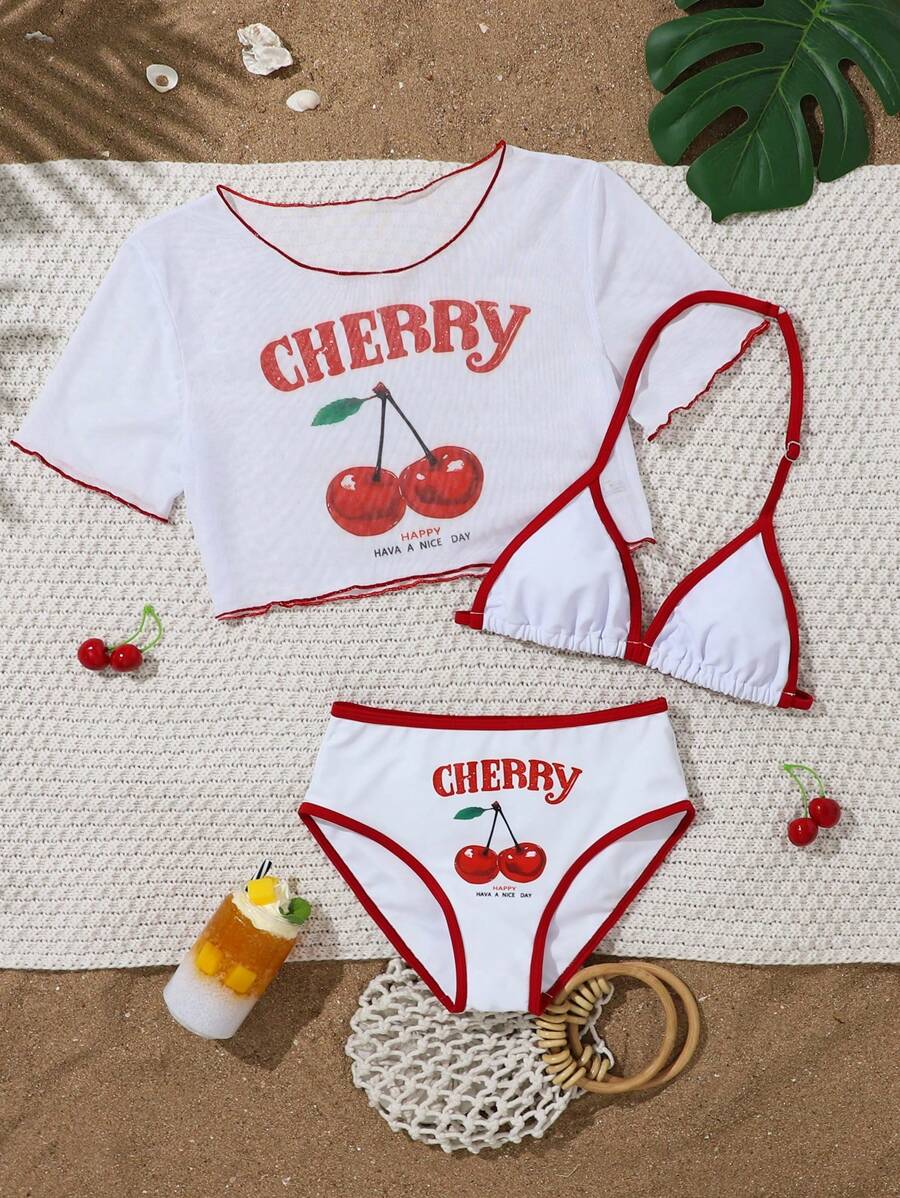 SHEIN 青少年女孩 3 件套樱桃印花撞色比基尼沙滩泳衣套装，夏季 - 彩色 - 查看 1