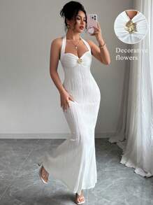 Elenzga Women's Elegant Texture Solid Color Tied Neck Fitted Maxi Fishtail Dress - White - View 4