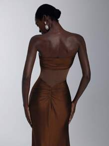 Elitara 优雅、浪漫、性感、简约棕色弹力露肩露背、紧身、打结、透视、时尚、影响者、假日、度假、生日派对、婚礼伴娘礼服