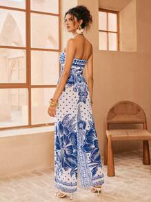 Swim Oasis Women's Bohemian Vacation High Waist Wide Leg One Piece Swimsuit, Strapless Beach Chiffon Cover Up, Beige/Black For Summer - Multicolor - View 7