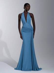 Elitara Vestido elegante, romántico, sexy, minimalista, azul, elástico, de cuello halter, espalda descubierta, ajustado, con nudo, transparente, de moda, de influencer, para festival, vacaciones, fiesta de cumpleaños, boda, dama de honor