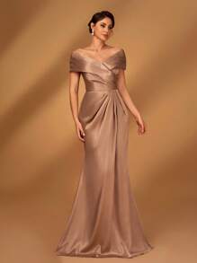 Serin Elegant Brown Satin Off-Shoulder Criss-Cross Ruffled Mini Fishtail Dress, Suitable For Evening Parties, Music Festivals, Vacations, Weddings, Bridal Mother Dresses - Champagne - View 4