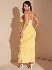 SHEIN BAE Damen Große Größen gelbes Rüschen V-Ausschnitt Träger Maxikleid, Strandparty/Geburtstagsparty/Abendausgang elegantes und sexy Kleid, Frühling/Sommer, Abschlusskleid, Strandoutfit für Frauen, 4. Juli Outfit, Inselurlaub Outfit, Flitterwochen Outfit Frau, Sommeroutfit für Frauen, Sommerkleider für Frauen, Pool Party Outfit, Urlaubsoutfit Frau, Damenkleidung in Große Größen, Konzert, buttergelbes Kleid