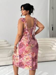 SHEIN EZwear 加大码 Ditsy 花卉粉色连衣裙，侧开衩，方领，荷叶边下摆 - 彩色 - 查看 3