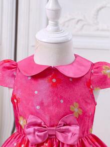 SHEIN Glamorique Kids 女婴春夏新款彼得潘领荷叶袖纹理面料收腰蝴蝶结装饰甜美可爱婚礼礼服女婴派对礼服女婴公主裙派对 - 玫紅色 - 查看 3