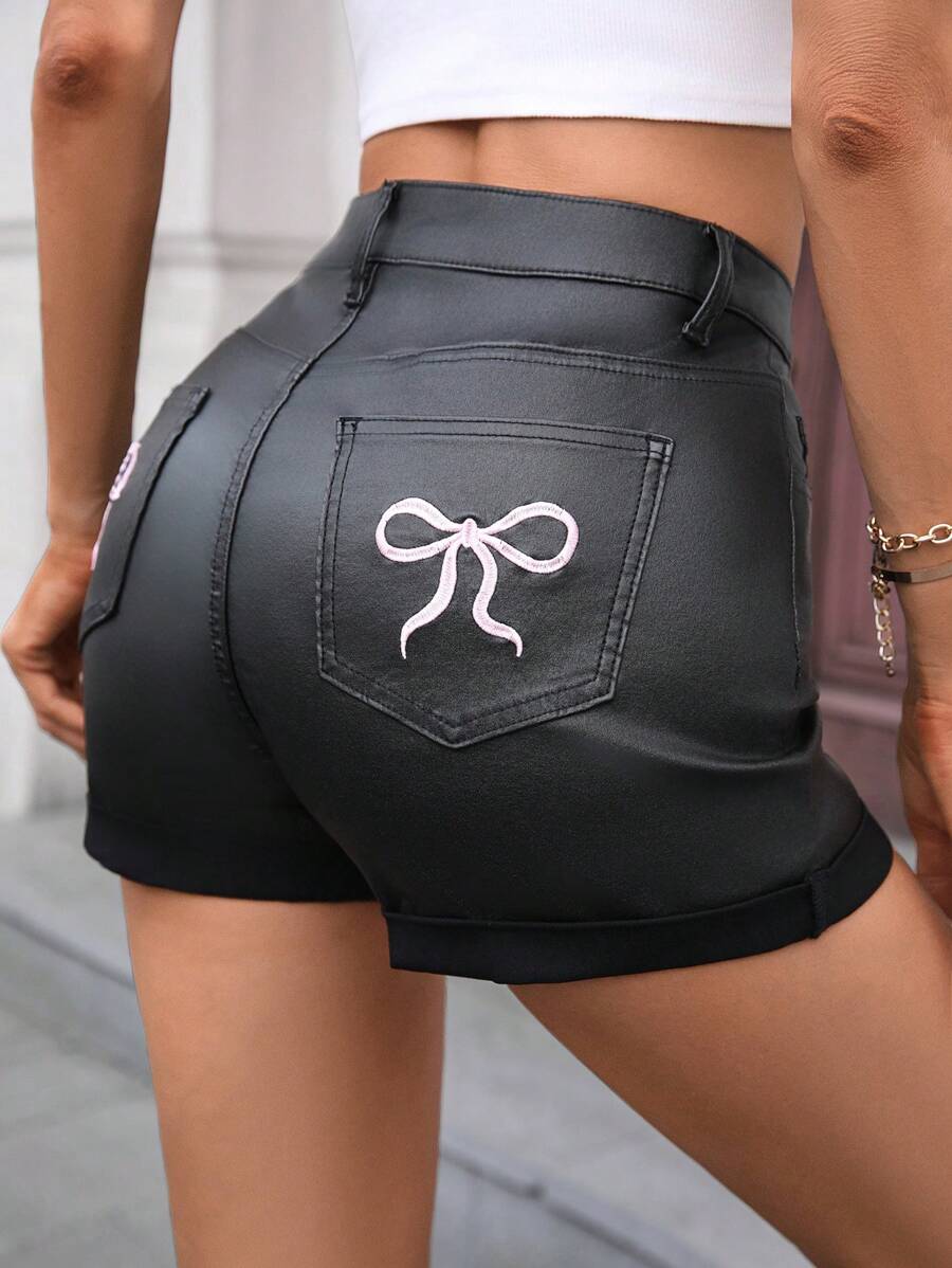 SHEIN Women's Black Coated Sexy Body-Con Ruffled Hem Butterflies Embroidered Shorts - Black - View 1