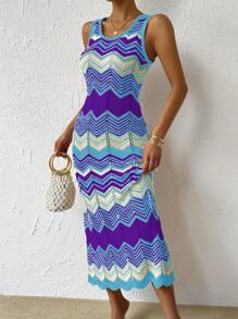 Celisse 度假休闲拼色条纹修身针织连衣裙 - 彩色 - 查看 4