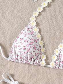 Swim Mod Women's New Style Ditsy Floral Halter Backless Top And Side String Tie Bikini Swimwear Set For Summer Beach Vacation - Multicolor - View 3