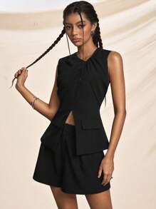Easelle Summer Women Two Pieces Outfits For Daily Wear Twist Design Black Suit Classy Outfits For Women - Black - View 5