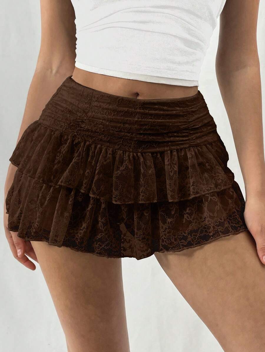 EgrlEra Women's Fashionable Sweet Solid Color Double-Layered Lace White Mini A-Line Skirt Y2K  - Brown - View 1