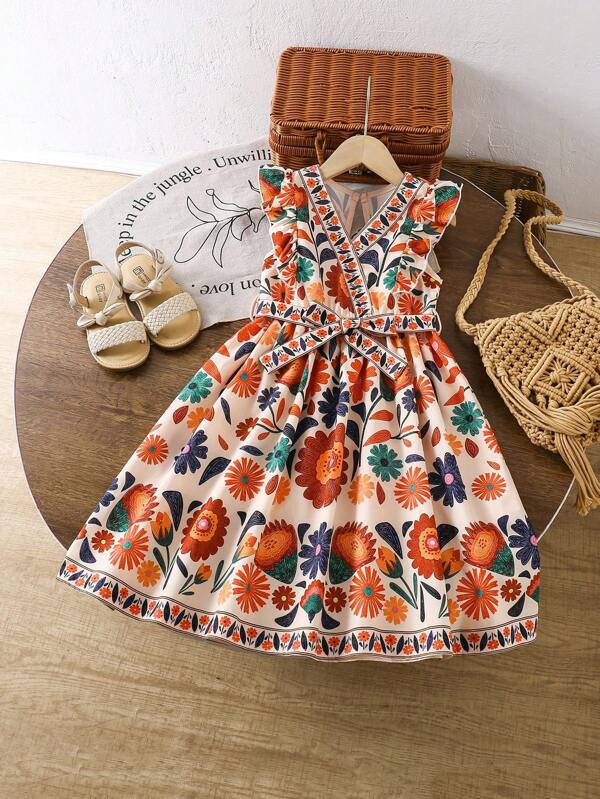 WESTFADE Young Young Girls Summer Cap Sleeve Floral Print Belted Flare Dress