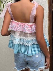 SHEIN Unity Pink Plaid Lace Panel Knotted Cami Top - Multicolor - View 2