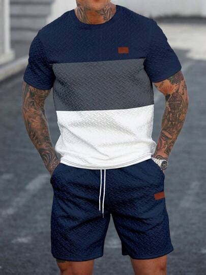 Manfinity Homme Ensemble t-shirt à manches courtes et short à cordon de serrage en tissu texturé de couleur contrastée pour homme, style décontracté d'été