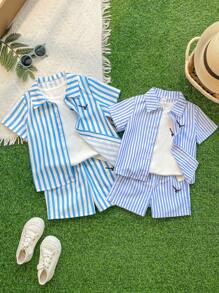 Set 3 piese cămașă cu mânecă scurtă, maiou și pantaloni scurți, casual, pentru băieți, de zi cu zi, pentru vacanță - Albastru - Vizualizare 1