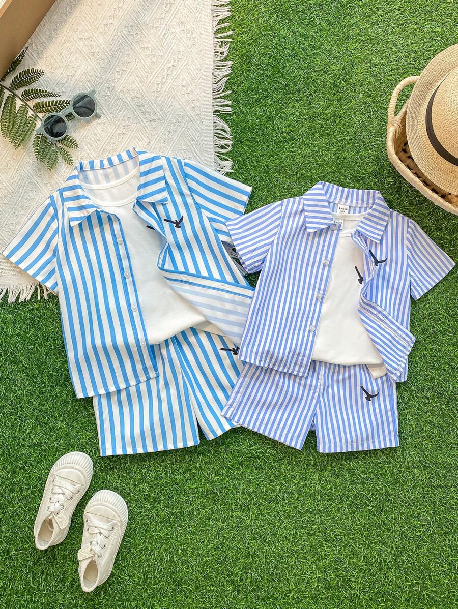 Set 3 piese cămașă cu mânecă scurtă, maiou și pantaloni scurți, casual, pentru băieți, de zi cu zi, pentru vacanță - Albastru - Vizualizare 1