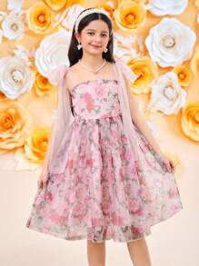 Vestido elegante con estampado floral y decoración de lazo para niñas preadolescentes