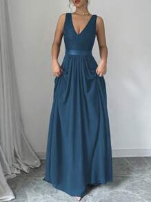 Elenzga Sleeveless V-Neck Cinched Waist A-Line Elegant & Romantic Party Dress For Women Maxi Women Outfit - Teal Blue - View 4