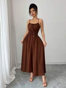 Elenzga Mono informal de lino de color café cómodo para mujer con lazo decorativo y cintura con cordón, para primavera/verano