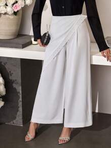 Modelyn Women's Solid Color Patchwork Embroidery Wide Leg Elegant Pants - White - View 3