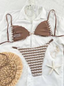 Swim Vcay Bikini de estilo sexy con cortes altos, tirantes finos, centro con textura perlada y abertura lateral con cierre a presión para mujer