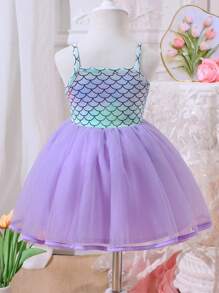 SHEIN Glamorique Kids 女婴春夏美人鱼鳞片印花细肩带薄纱公主裙 - 彩色 - 查看 2
