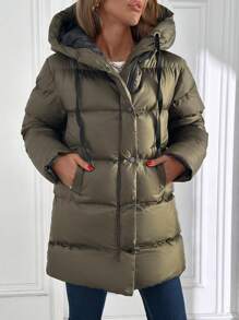 SHEIN Cottnline Women Contrast Drawstring And Lining Detailed Puffer Hooded Wintercoat - Army Green - View 4