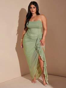 SHEIN BAE Váy xẻ tà cổ tay bèo nhún họa tiết hoa xanh lãng mạn thanh lịch cỡ lớn dành cho nữ, phù hợp cho mùa xuân/hè, ngày lễ tình nhân, hẹn hò, đám cưới, tiệc tùng, váy màu pastel dành cho nữ, ngày 4 tháng 7, quần áo ngày 4 tháng 7, ngày tưởng niệm, tốt nghiệp, công sở/văn phòng, trang phục nghỉ lễ, váy xanh lá cây xô thơm, trang phục nghỉ lễ, váy lưới - màu xanh lá - Xem 3