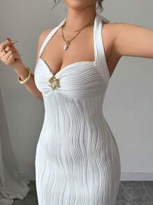 Elenzga Women's Elegant Texture Solid Color Tied Neck Fitted Maxi Fishtail Dress - White - View 3