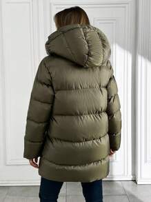 SHEIN Cottnline Women Contrast Drawstring And Lining Detailed Puffer Hooded Wintercoat - Army Green - View 2