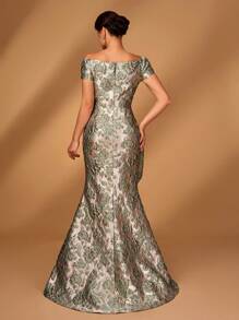 Serin فستان سوارية أنيق فاخر من التصميم المخطط الجاكار ساتان مع تصميم عقدة الكتف المنسدل و تفريغ الذيل للحفلات ، مناسب للأعراس والسهرات الرسمية و فساتين العروس/أم العروس - متعدد الألوان - مشاهدة 3