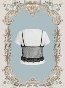 SHEIN MOD 多功能白色二合一蕾丝波点拼接蕾丝花朵圆领加大码弹力针织短袖T恤上衣，沙滩度假 - 黑與白 - 查看 2