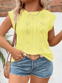 SHEIN VCAY CURVE Women's Casual Round Neck Cap Sleeve Textured Fabric Plus Size T-Shirt - Yellow - View 5