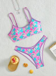 Swim Mod 2 件套女士沙滩比基尼套装，随机多色海洋元素，贝壳肩带，几何撞色饰边设计 - 彩色 - 查看 4