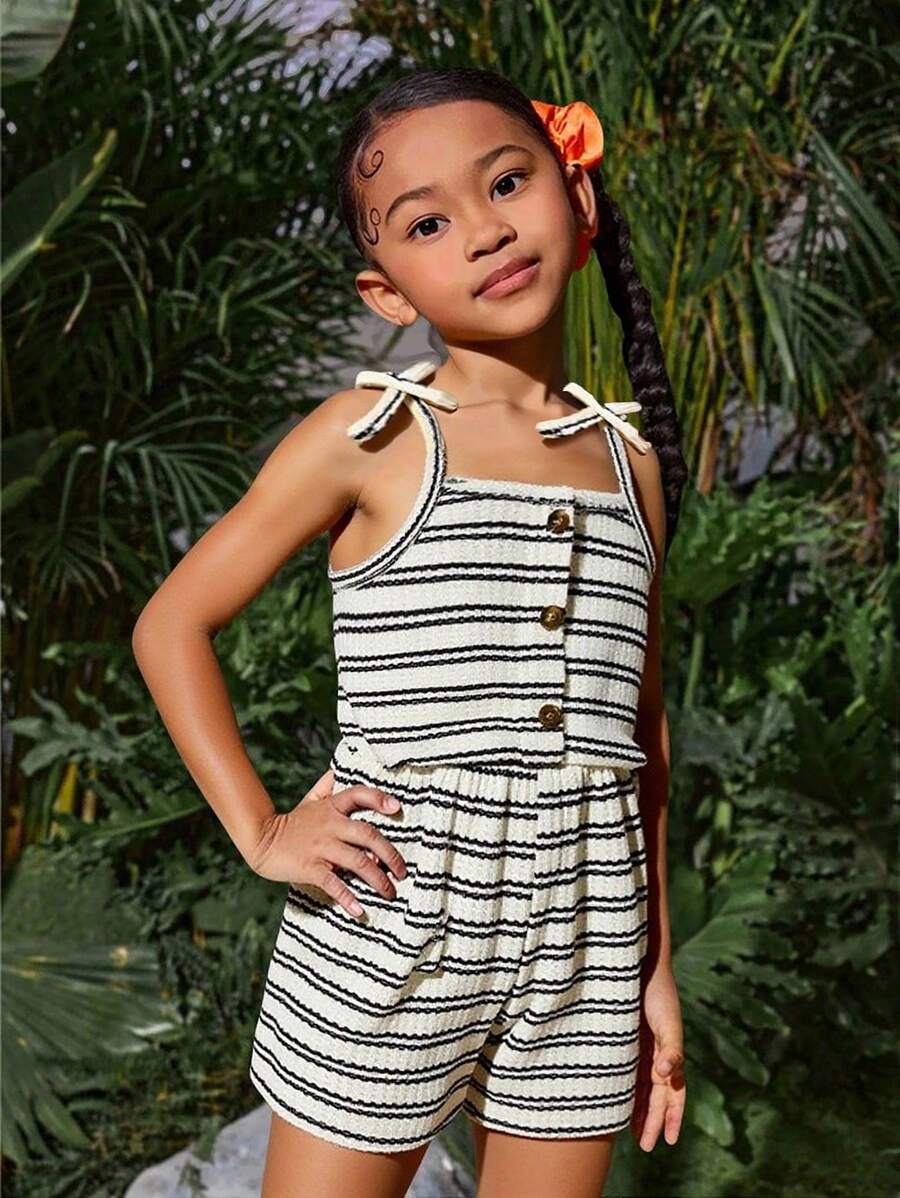 女童休闲时尚日常无袖高腰条纹短款连体裤，夏季时尚连体裤 - 黑色 - 查看 1