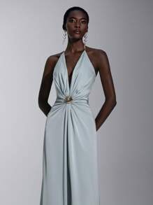 SHEIN Belle Robe élégante, romantique, sexy, minimaliste, en satin vert menthe, dos nu, boucle métallique, taille ajustée, stylée, pour festival, vacances, fête d'anniversaire, mariage, demoiselle d'honneur - Bleu canard - Voir 6
