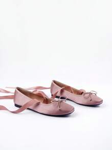 MUSERA Satin Ballet Bow Detail Lace Up Flats - Pink - View 5