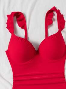 Voyashape 1pc Women's Summer Sexy Wire-Rimmed Gathering Solid Color Ruched Strap Wrinkled Chest Slimming One-Piece Swimsuit Red - Red - View 6