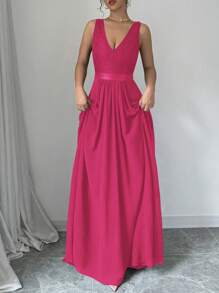 Elenzga Sleeveless V-Neck Cinched Waist A-Line Elegant & Romantic Party Dress For Women Maxi Women Outfit - Hot Pink - View 5