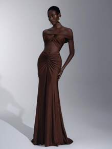 Elitara 优雅、浪漫、性感、简约、棕色、有弹性、露肩、露背、露肩、收腰、系结、透视、时尚、节日、度假、生日派对、婚礼、伴娘礼服 - 棕色 - 查看 2