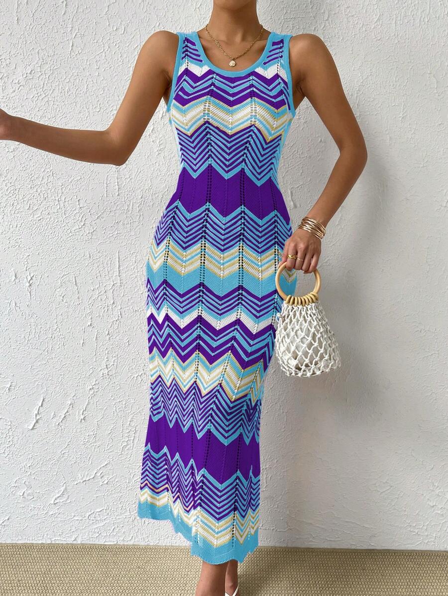 Celisse 度假休闲拼色条纹修身针织连衣裙 - 彩色 - 查看 1