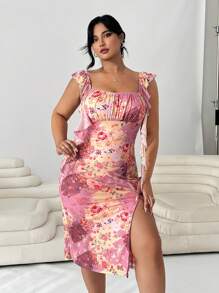 SHEIN EZwear 加大码 Ditsy 花卉粉色连衣裙，侧开衩，方领，荷叶边下摆 - 彩色 - 查看 5