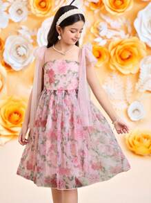 Vestido elegante con estampado floral y decoración de lazo para niñas preadolescentes