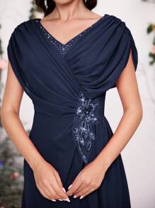 Coutiva Women's Rhinestone Embellished 3D Floral Formal Evening Dress, Suitable For Bride And Mother Of The Bride Navy Blue Elegant Dress Mother Of The Bride Dress Mother Of The Groom Dress Plus Size Formal Dress Wedding Guest Dress,Women's Fashion Casual Summer Autumn Women's Clothing Birthday Women's Clothing Prom Dress Wedding Guest Dress Curve Women's Dress Concert Back To School Print Dress, Fabric Soft Extra Stretch Women's Dress - Navy Blue - View 3